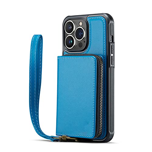 Coque portefeuille iPhone 14 bleu en cuir premium avec rabat et fermeture éclair