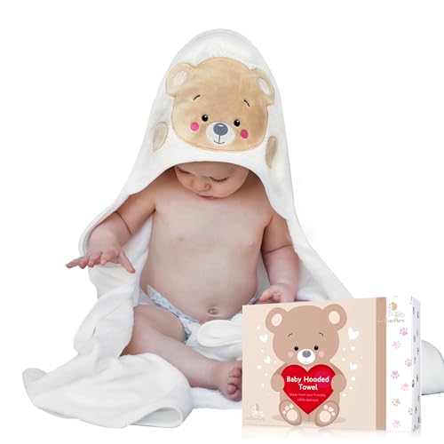 Image of FOREVERPURE Baby Towels with Hood Baby Towel Baby Bath Towels Hooded Baby Gift X-Large Organic Cotton Hooded Baby Towels and Washcloths Boy and Girl Ultra Soft Baby Towels 35 x 35 inches White