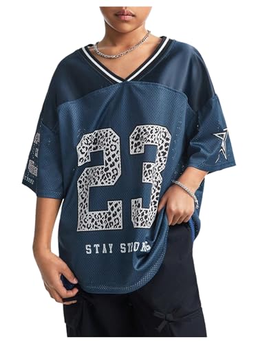 Image of Floerns Girl's Jersey Shirt Printed Oversized Short Sleeve Mesh Tee Shirts V Neck Sport Jersey Shirts