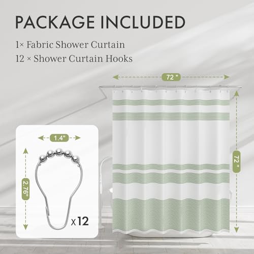 Image of AmazerBath Shower Curtain, Washable Cloth Sage Green with 12 Shower Curtain Hooks, Fabric Green and White Striped Set, Farmhouse Bathroom Shower Curtain, 72x72 Inches