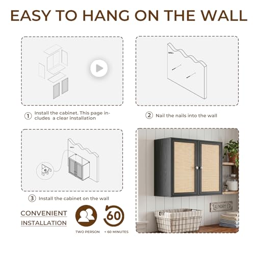 Image of Rattan Wall Cabinets for Laundry Room, Upper Cabinets Wall Mounted with Adjustable Shelves, Wall Cabinet for Kitchen, Bathroom, Bedroom, Black, Set of 3