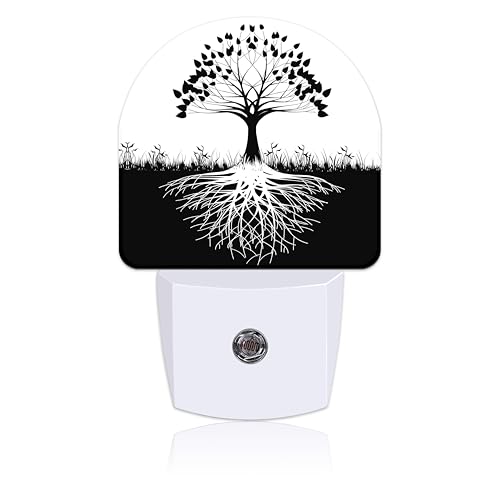 Image of Plug in Night Lights Black and White Tree of Life Nightlight Plug Into Wall Dusk to Dawn Sensor LED Night Light for Kid Girls Boys Women Decor, Hallway, Kitchen, Bathroom, Nursery, Stairs