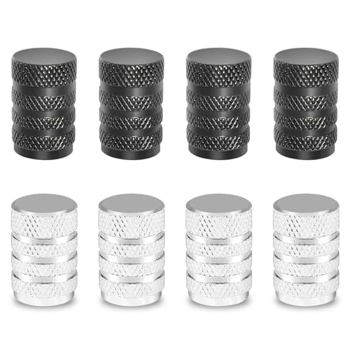 4PCS Silver 4PCS Black Tire Valve Caps - Dust Caps for Car Tyres - Aluminium Car Tyre Valve Caps with Tread Design - Universal Dustproof Tyre Valve Covers for Cars, Bikes, Motorcycles, Trucks