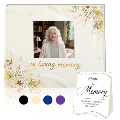 Image of Funeral Guest Book, in Loving Memory Sign in Book with Photo Slot | 330 Entries, Table Sign Card Included, Gold Stamping, Twill-Textured Paper Cover, Celebration of Life Keepsake, 9x7.5 inch, Beige