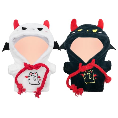 Juego de 2 ropa fantasma para muñecas de felpa de 17 cm, el juego de ropa incluye 1 sudadera con capucha de fantasma negro y 1 sudadera con capucha de fantasma blanco con alas y cuernos para muñecas