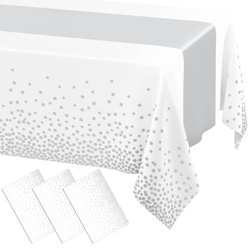 Image of Smiry Plastic Table Cloth Disposable 3 Pack, 54 x 108 Inch Rectangle Waterproof Tablecloth, Printed Gold Table Runner Style for Birthday Weeding, Party, Leakproof & Sturdy, White and Sliver