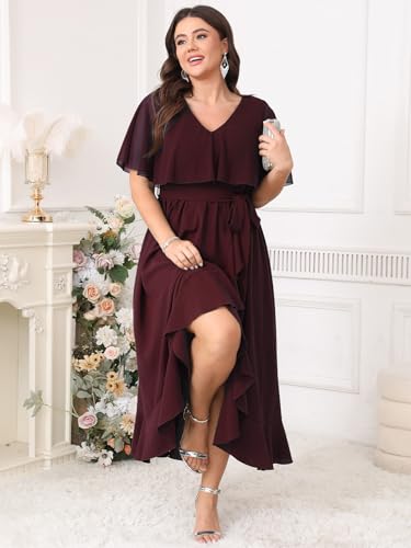 Image of Women Plus Size Long Formal Dress Short Sleeve Chiffon Ruffle V Neck High Low Split Wedding Guest Maxi Dresses