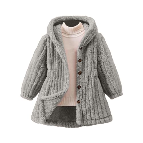 Chaquetas acolchadas con capucha para niñas, con botones, frente abierto, térmica, de felpa, con bolsillos, lisas, suaves, para invierno, gruesas, cálidas, chaquetas de forro polar, gris, 5-6 años