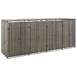 vidaXL Quadruple Wheelie Bin Shed - Durable Poly Rattan, Grey - Large Capacity Weather-proof Outdoor Storage with Lockable doors - 274x80x117cm