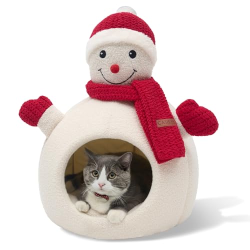 CATISM Christmas Cat Bed - Christmas Snowman Cat Bed for Indoor Cats Cute Snowman Cat Beds with Warm Cushions Removable Cave with Non-Slip Cushioned Bottom for The Holidays