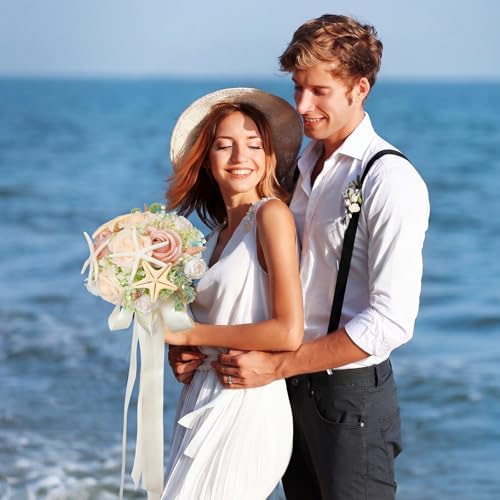 Ramo de Novia Artificial Estilo Costero con Rosas y Estrella de Mar miniatura 6