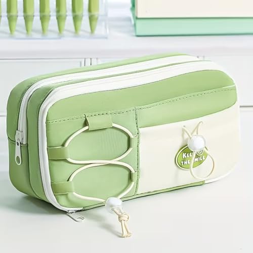 Image of Kawaii Cute Aesthetic Pencil Case for Girls & Boys | 3 Layer 6 Compartment Large Capacity Pencil Pouch with Zipper | Cartoon Stationery Organizer Bag for Students & Kids (Nice Green)