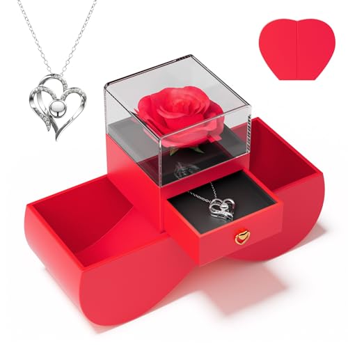 YJYJHOPE konservierten Rosen für Frauen Ehefrauen Freundinnen Rosen mit Ich Liebe Dich-Halskette in 100 Sprachen Geschenke für sie zum Geburtstag Jahrestag Weihnachten