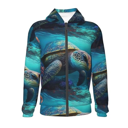 Green Turtle in Sea Water2 Kids Pullover Hoodies Boys Zip Up Sweatshirts Girls Athletic Clothes with Pocket2