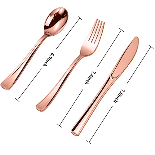 N9R 300Pcs Rose Gold Plastic Silverware, Heavy Duty Plastic Cutlery Set, Disposable Rose Gold Utensils Include 100 Forks, 100 Spoons, 100 Knives. Perfect For Party Decorations. #TOP1