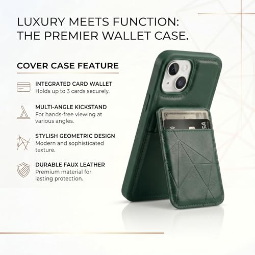 Image of amazon basics Premium Vegan Leather Back Cover with Card Holder and Integrated Mobile Stand for iPhone 15 - Slim Shockproof Wallet Case with Geometric Stitching [Green]