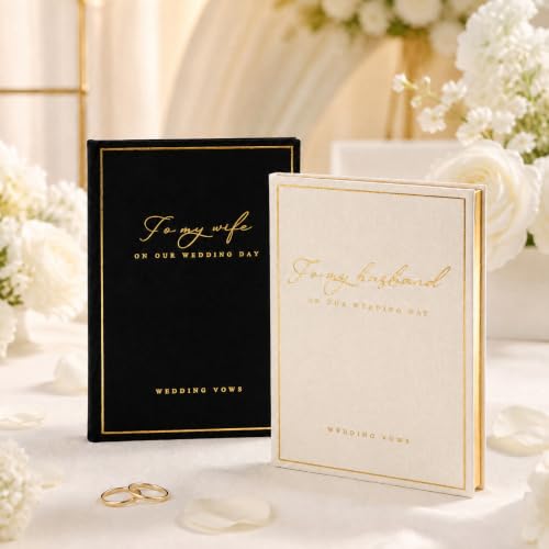 Engrowtic 2 Pcs His and Her Wedding Vow Books Gold Foil, Black-White