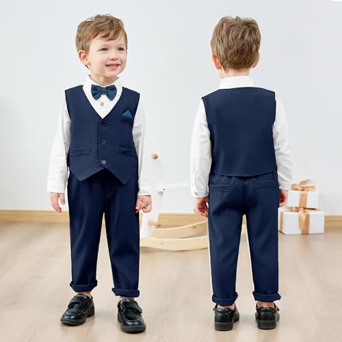 CARETOO Toddler Baby Boy Clothes Suit 5Pcs Gentleman Wedding Outfit Dress Shirt+Vest+Bow Tie+Suspender Pant Formal Set 12M-5T2
