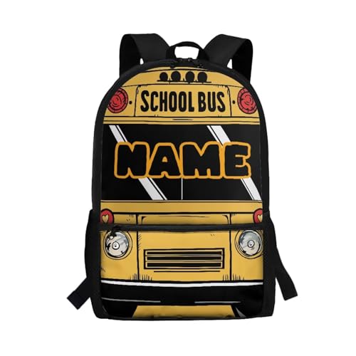 School Bus Custom Elementary School Backpack for Boys Backpack with Lunch Box Bottle Sleeve Pencil Pouch Lightweight School Bag with Name Sturdy Bookbags 2 Side Pockets