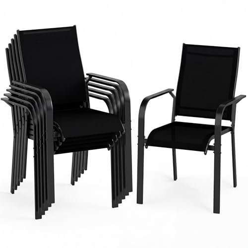 Image of Giantex Patio Chairs Set of 6, Stackable Outdoor Dining Chairs with Breathable & Quick-Dry Mesh Fabric, Armrests, Backrest for All Weather, Lawn, Backyard, Poolside, Porch, 350 LBS Capacity