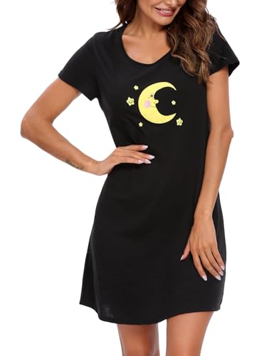 Image of ENJOYNIGHT Womens Cotton Nightgown Short Sleeve Sleepshirt Print Nightshirt | Short-Sleeve Crew Neck, Soft Cotton Fabric, Cartoon Printed Sleep Shirt, Loose Fit