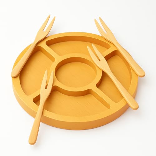 Kit Petisqueira de Bambu 29x29 cm com 4 Garfinhos | Tábua para Frios, Queijos e Petiscos | Sustentável e Elegante