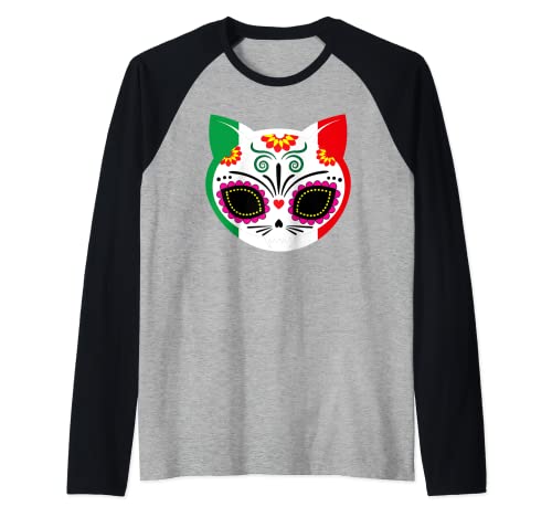 Cat Skull Dead Cinco De Mayo Day Of The Dead Sugar Skull Cat Raglan Baseball Tee