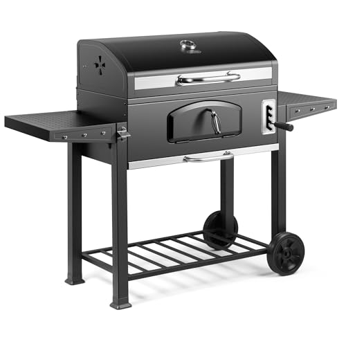 VonHaus Charcoal BBQ – XXL Portable Barbecue with Warming Rack, Fold Down Shelves, Temperature Gauge, Wheels, Cooking Grill, Air Vents – 2 in 1 Barbeque and Smoker – Grill Meat, Fish & Vegetables