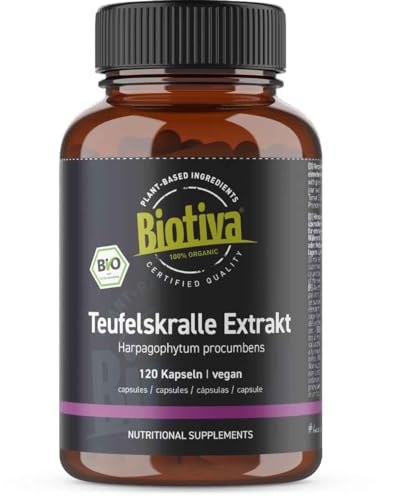 Biotiva Djällkrall extrakt bio 120 kapslar – 2,7 % harpagosid hög doserad – Harpagophytum procumbens – Afrikansk trampelkedja – bioextrakt – fylld och kontrollerad i Tyskland (DE-ÖK-005)