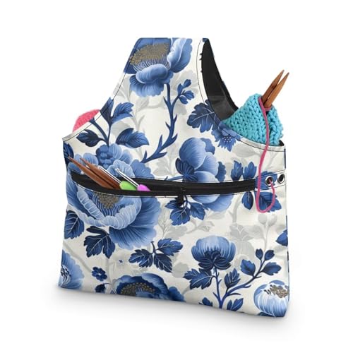 Image of Blue Floral Yarn Storage Bag for Crocheting Lightweight Knitting Bags and Totes Holding Yarn Crochet Hook Needles,Large