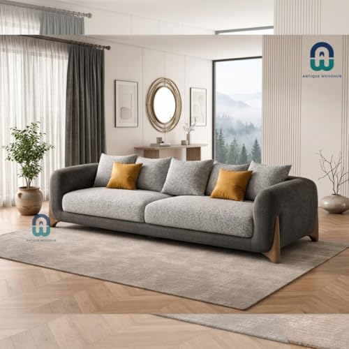 Image of Modern Sofa, Teddy Fabric, Chesterfield Style, Wooden Legs, for Living Room, Bedroom, Hallways (Dark Grey-Light Grey, 3+1+Ottoman)