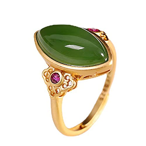 BXSMNH S925 Argent Sterling Plaqué Or Bague Givrée Style Chinois Rétro Incrusté Néphrite Bague Femme Ancienne Or Artisanat Bague Or (Color : Gold) Cover