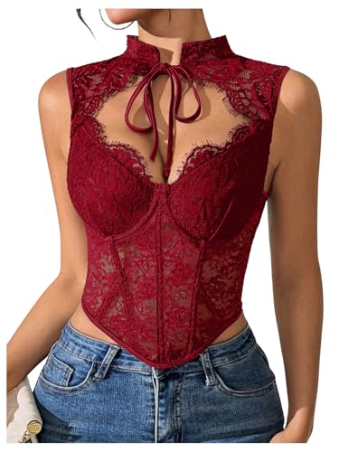 SweatyRocks Womens Floral Lace Corset Top Cut Out Crop Bustier Sexy Going Out Party Night Club Rave Tops Burgundy Medium