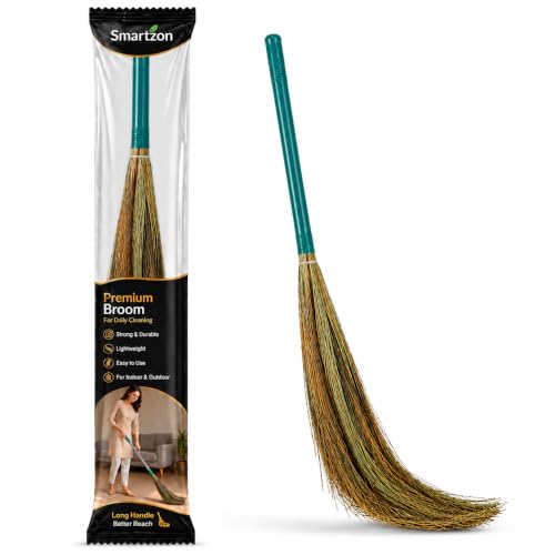 Image of Natural Grass Broom for Home Cleaning | Phool Jhadu with Ergonomic Handle | Lightweight Long Handle Floor Broom's for Indoor & Outdoor Sweeping | Soft Grass Broom for Tile, Marble & Wooden Floors