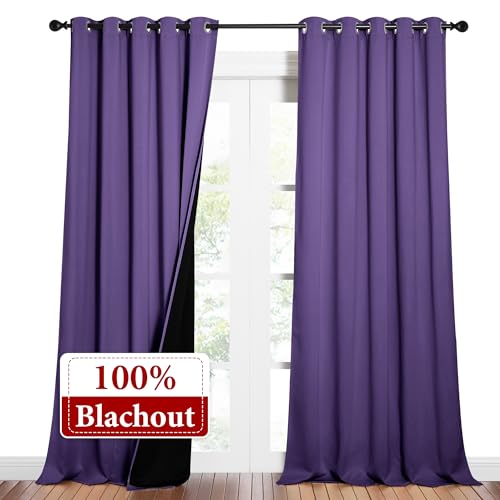 Image of NICETOWN Total Shade Curtains and Draperies, Heavy-Duty Full Light Shading Drapes with Black Liner Backing for Villa /Hall /Dorm Window（Lilac Purple, Package of 2 Panels, 62 inches Wide x 95 inches Long