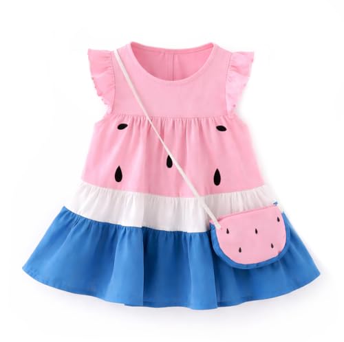 Image of Bold N Elegant One in Melon Girl's Cap Sleeve Cotton Summer Party Flared Knee Length Dress Frock with Faux Bag Purse for Infant Toddler Baby Girl's