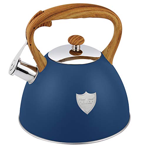 3L Tea Kettle Stovetop Whistling Teakettle Tea PotFood Grade Stainless Steel Tea Kettles with Heat Proof Wood Pattern Handle Loud Whistle And Anti-Rust Suitable for All Heat Source Blue…