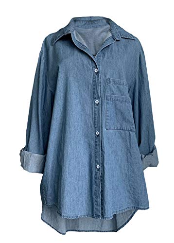 Mordenmiss Women s Demin Button Down Shirt Long Sleeve Tunic Blouses with Pockets (2XL, Style 2-Denim Blue)