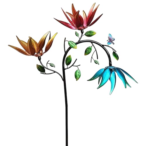 Molinillos de Viento de Metal de 12 Pulgadas Molinillo de jardín con Flores y Mariposas Multicolores con estaca molinetes para decoración de Patio y jardín