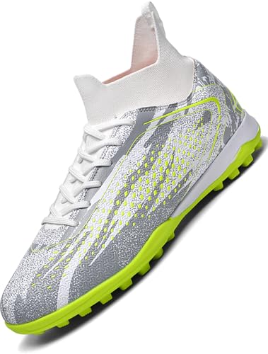 Donbest Chaussures de Football Garçon Crampons Enfant Chaussures de Futsal Fille Chaussures de Sport Antidérapants Adolescents,White,EU36