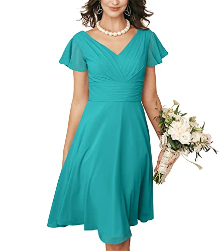 Robe de demoiselle d'honneur courte en mousseline de soie avec manches et col en V pour femme et jeune, turquoise, 46 Cover