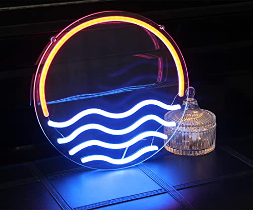 Image of Sunset&Sea Blue LED Neon Signs Sunrise Neon Lights For Bedroom Decoration Cool Wall Decor For Living Room Boy's Room USB Powered(12 * 12 inch)