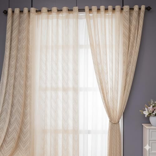 Image of Net Curtains Semi Transparent Sheer Zigzag Pattern Door Curtain 9 Feet Long Set of 3 Pcs, Window, Long Door, Living Room Parde, Cream Color