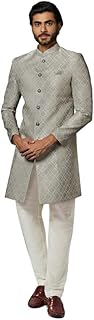 kisah Men's Indo-Western Sherwani Churidar Set, Grey Cotton, Jacquard Regular Fit Mandarin Collar Long Sleeves (36)-picture-26