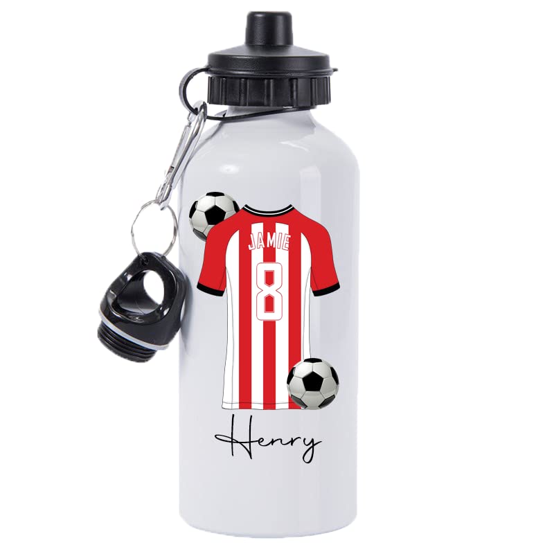 Pickhut Personalised Football 600ml White Aluminium Sports Water Bottle Back to School Gift for Kids, Customised with Name/Number/Text with Football Shirt Red & White Stripes Jersey Kit (D21) โ image 1
