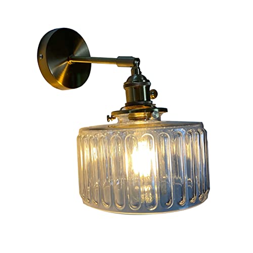 Image of Vintage Wall Sconces with Switch Ribbed Glass Shade Modern Brass Wall Light Fixtures 180Adjustable Bedside Wall Mounted Lamp for Bedroom Bathroom Living Room Farmhouse Vanity (Transparent)