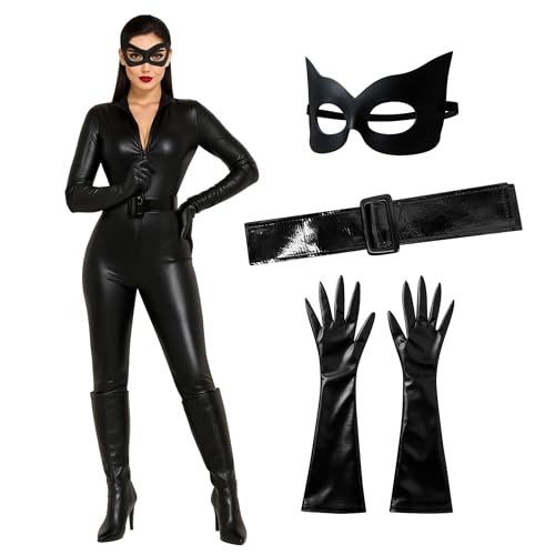 Morph Black Catsuit For Women Leather Jumpsuit Womens Adult Black Cat Suit Halloween S