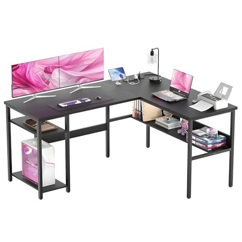 Image of L Shaped Office Desk with Storage Shelf | Wooden Study Table for Home | Computer Table for Home PC | Corner Workstation for Laptop & PC | Space Saving Office Setup | Black | 100 x 150 x 75 cm