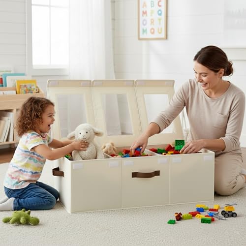 StorageWorks Large Toy Storage Bins with Lids, Collapsible Sturdy Toy Chests, Storage Chests with Dividers for Nursery, Living Room, Playroom, Bedroom, Beige, 2-Pack - Image 2