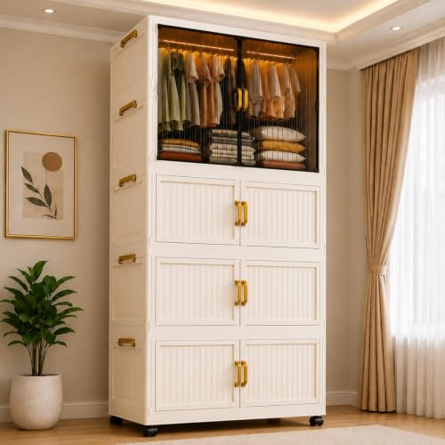 Image of Plastic Wardrobe for Cloths | 4 Layer Stackable Almirah with Hanging Rod, Transparent Doors, Wheels | Foldable Storage Cabinet Organizer for Clothes /Books /Toys